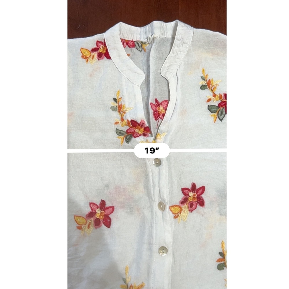 Floral Embroidered Bold Cottagecore Boho Shell Buttons M Mandarin Collar Top - Picture 11 of 12